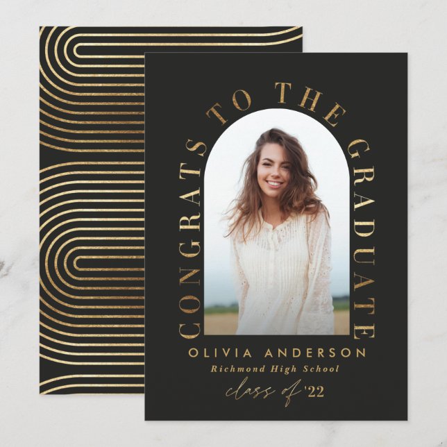 Modern geometric black gold photo arch graduation (Front/Back)