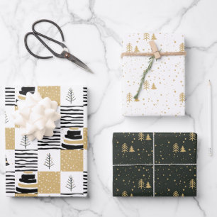 Modern geometric black white gold Christmas tree Wrapping Paper Sheet