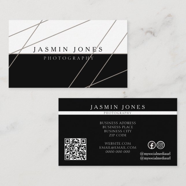 Modern Geometric Black White QR Code Business Card (Front/Back)