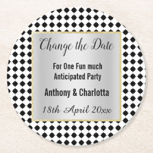 MODERN GEOMETRIC BLACK WHITE SILVER CHANGE DATE ROUND PAPER COASTER