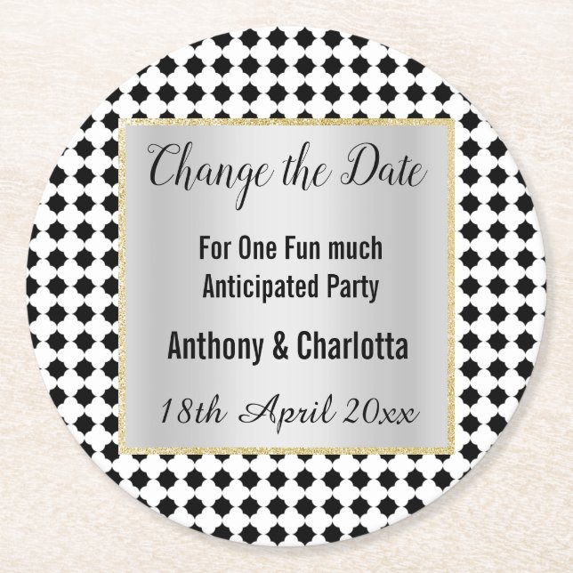MODERN GEOMETRIC BLACK WHITE SILVER CHANGE DATE ROUND PAPER COASTER (Front)