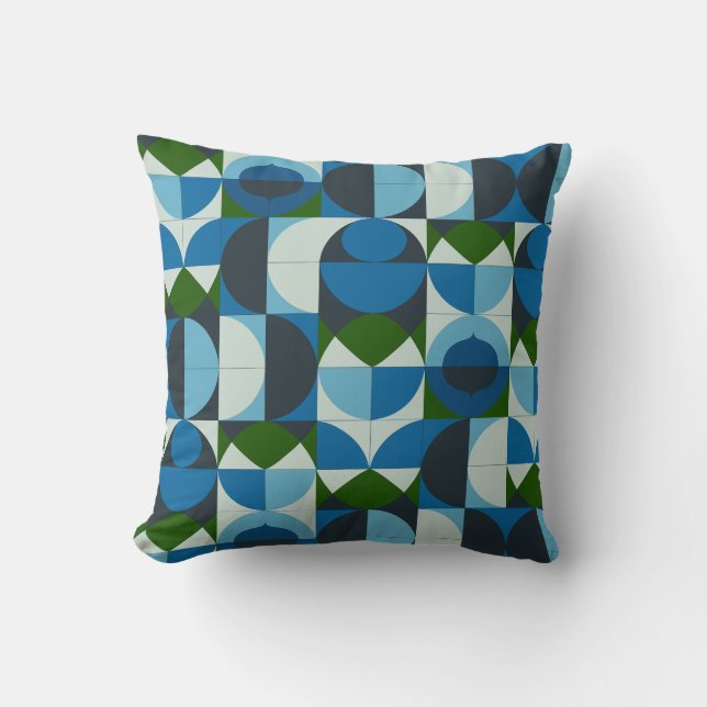 Modern Geometric Blue and Green Abstract Cushion (Front)