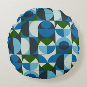 Modern Geometric Blue and Green Abstract Round Cushion