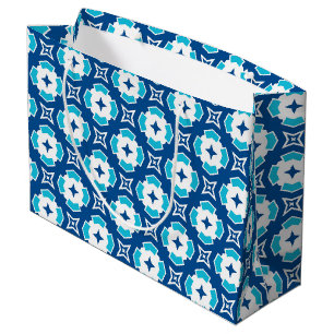 Modern Geometric Blue and White Quatrefoil Pattern Large Gift Bag