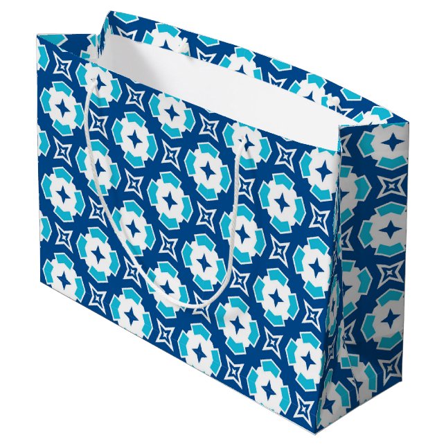 Modern Geometric Blue and White Quatrefoil Pattern Large Gift Bag (Back Angled)