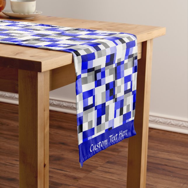 Modern Geometric Blue Black Chequered Square Desig Short Table Runner (In Situ)