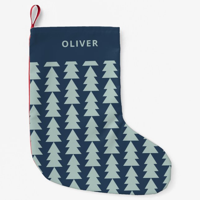 Modern geometric blue Christmas tree graphic Small Christmas Stocking (Front)