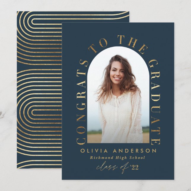 Modern geometric blue gold photo arch graduation (Front/Back)