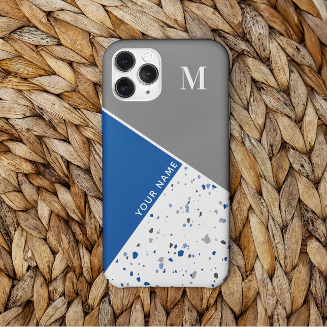 Modern Geometric Blue Grey Terrazzo Monogram Case-Mate iPhone Case (Creator Uploaded)