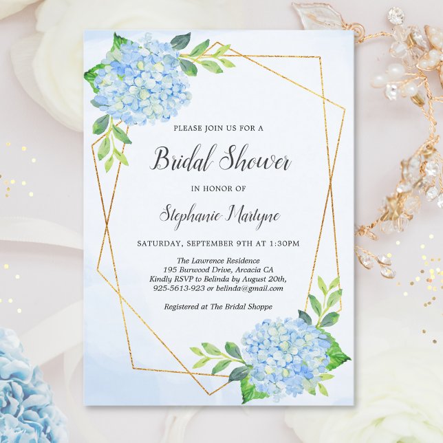 Modern Geometric Blue Hydrangea Bridal Shower Invitation (Creator Uploaded)