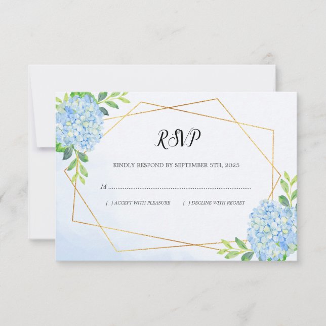 Modern Geometric Blue Hydrangea Floral Wedding RSVP Card (Front)