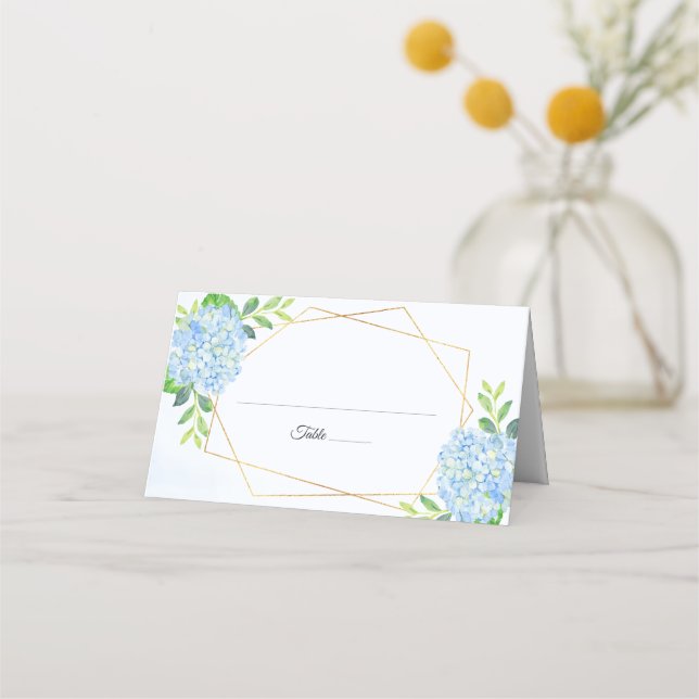Modern Geometric Blue Hydrangea Wedding Place Card (Front)