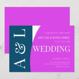 Modern Geometric Blue Magenta Bright Wedding  Invitation