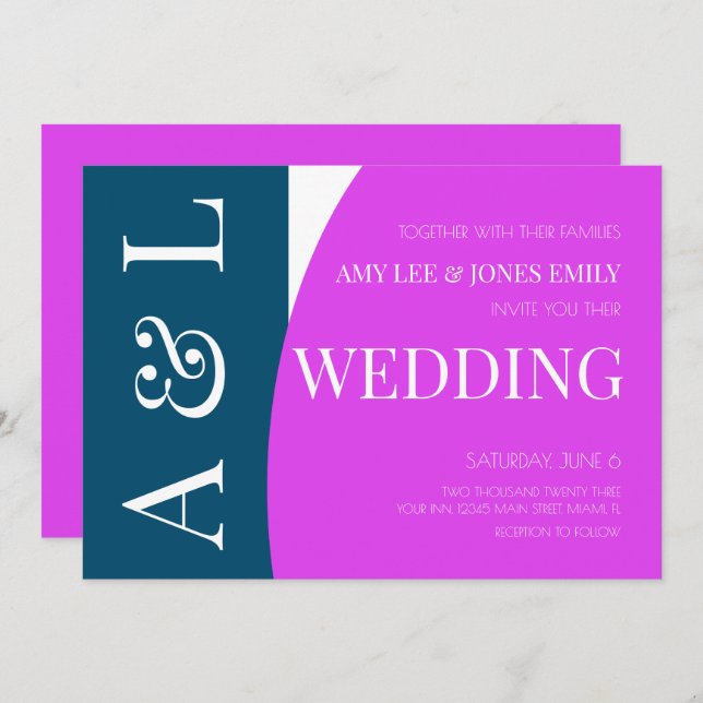 Modern Geometric Blue Magenta Bright Wedding  Invitation (Front/Back)