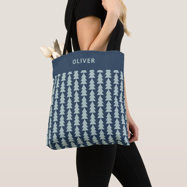 Modern geometric blue navy Christmas tree graphic Tote Bag (Close Up)