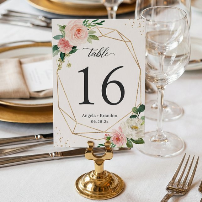 Modern Geometric Blush Floral Wedding Table Number (Creator Uploaded)