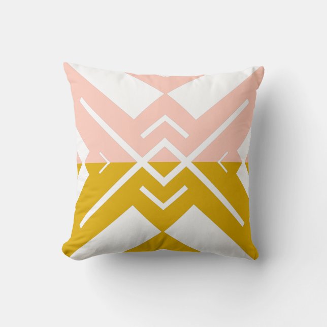 Modern geometric blush pink mustard colour block cushion (Front)