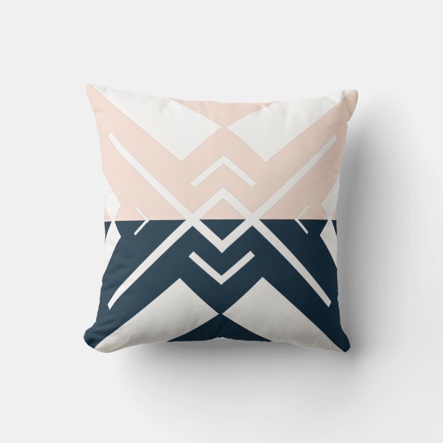 Modern geometric blush pink navy blue colour block cushion (Front)