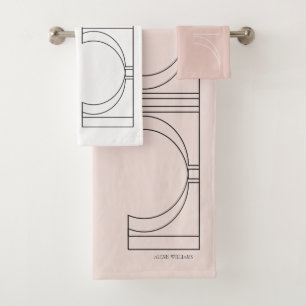 Modern Geometric Blush Pink White Bath Towel Set