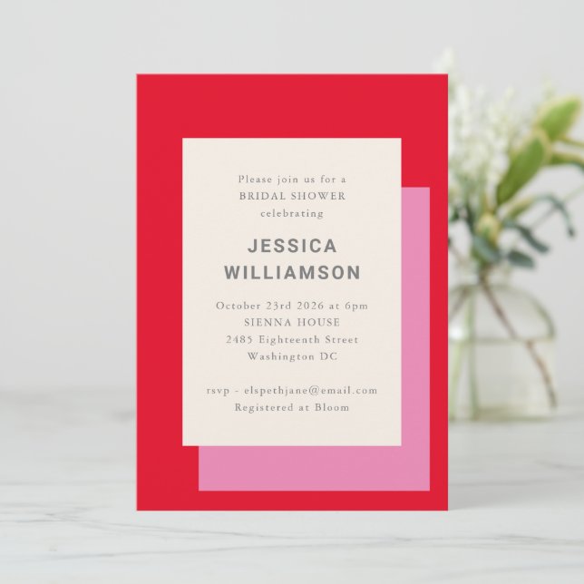 Modern Geometric Bold Pink Red Bridal Shower Invitation (Standing Front)