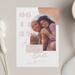 Modern Geometric Bold Print Pink Couple's Photo Save The Date<br><div class="desc">Trendy and modern bold print photo save the date card design. The modern blush rose gold,  and tan tone colour palette creates a modern stylish look. "Save The Date" paired with modern bold typography text pairing. Trendy geometric design arrangement with the arched photo frame to display your special photo.</div>