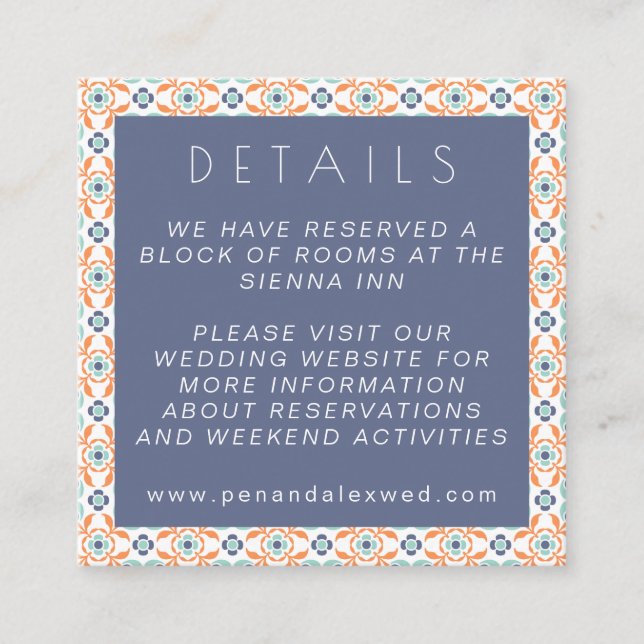 Modern Geometric Botanical Blue Orange Wedding Enclosure Card (Front)