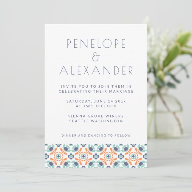 Modern Geometric Botanical Blue Orange Wedding Invitation (Standing Front)