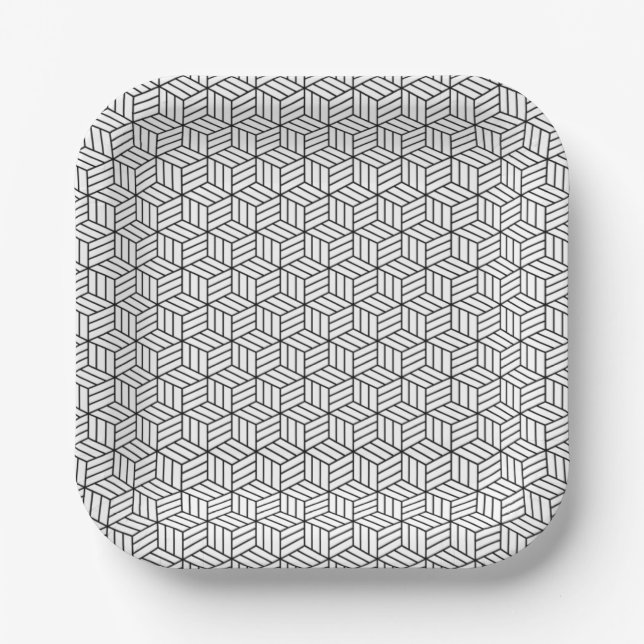 Modern Geometric Box Lines Square Black and White  Paper Plate (Front)