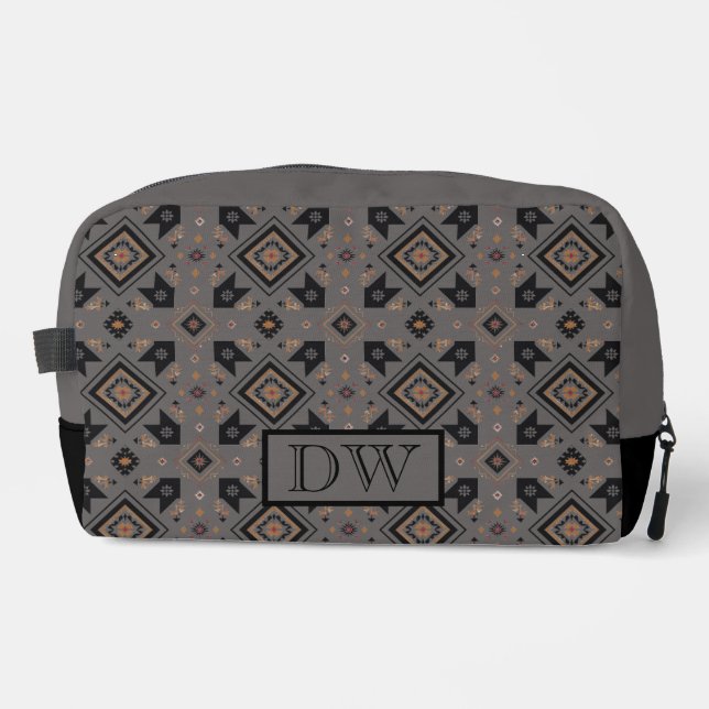 Modern Geometric Brown Black Monogram Dopp Kit (Front)