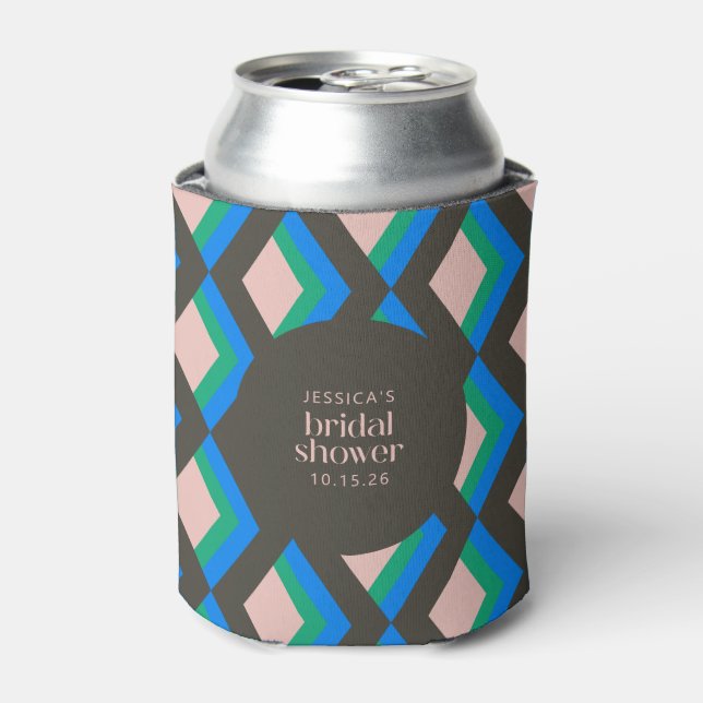 Modern Geometric Brown Blue Green Bridal Shower Can Cooler (Can Front)