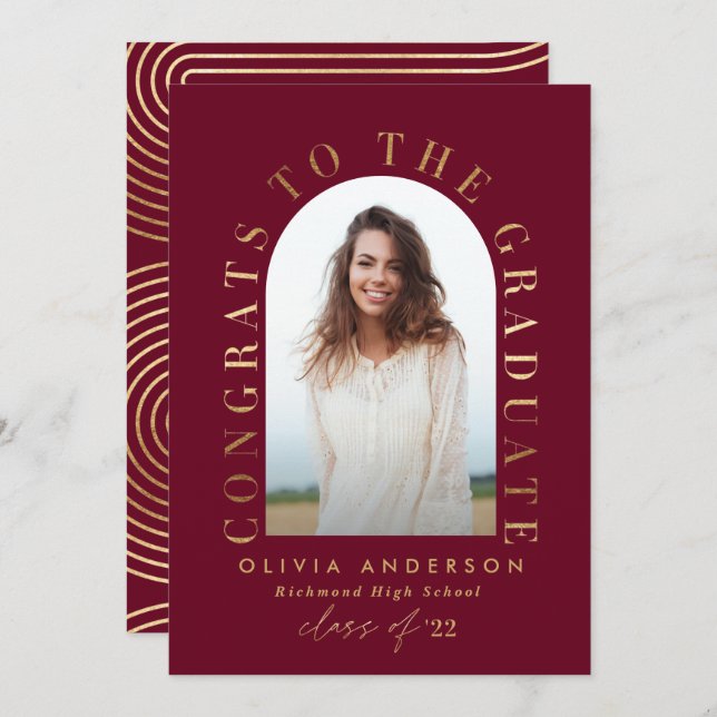Modern geometric burgundy photo arch graduation (Front/Back)