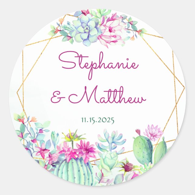 Modern Geometric Cactus Succulents Floral Wedding Classic Round Sticker (Front)