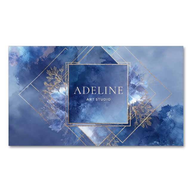 Modern Geometric Celestial Blue Watercolor Magnetic Business Card (Front)