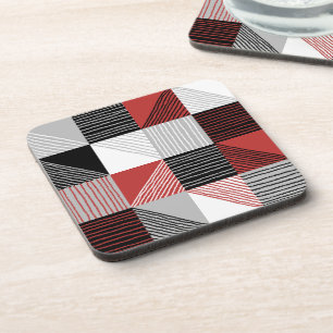 Modern Geometric Checkers, Black, Red, Grey  Coaster