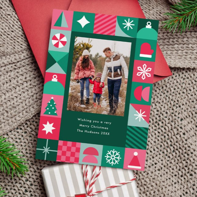 Modern Geometric Christmas Icons Photo  Holiday Card (fun, geometric, modern, Christmas photo card with simple holiday icons)
