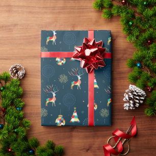 Modern Geometric Christmas Tree Reindeer Wrapping Paper