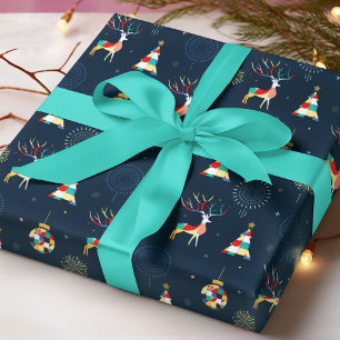 Modern Geometric Christmas Tree Reindeer Wrapping Paper
