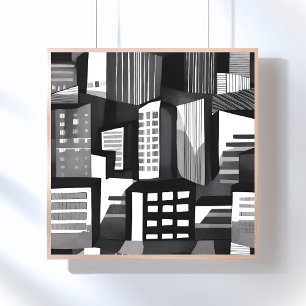 Modern Geometric City   Black & White Contemporary Poster