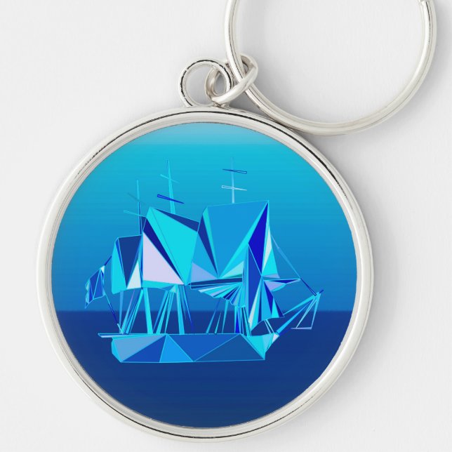 Modern Geometric Clipper Ship, Cobalt Blue Key Ring (Front)