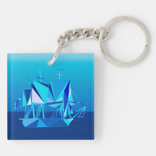 Modern Geometric Clipper Ship, Cobalt Blue Key Ring