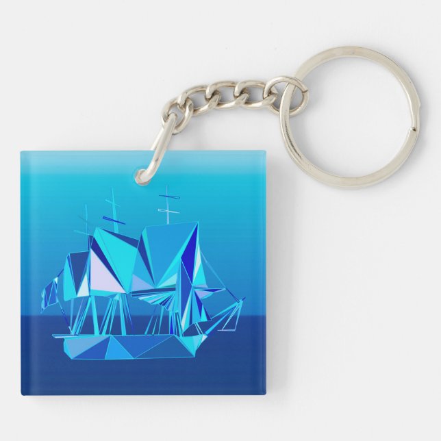 Modern Geometric Clipper Ship, Cobalt Blue Key Ring (Back)