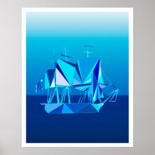 Modern Geometric Clipper Ship, Cobalt Blue Poster