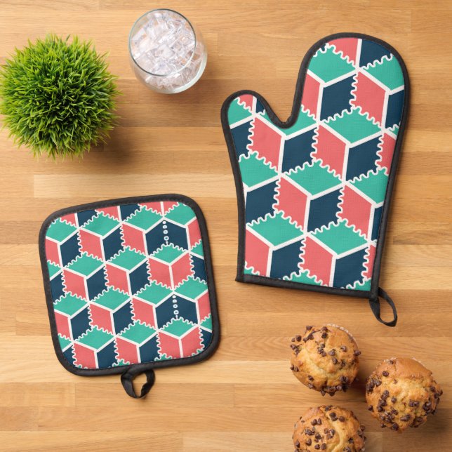 Modern Geometric Colour Cube Oven Mitt and Pot Hol Oven Mitt & Pot Holder Set (Top Down)