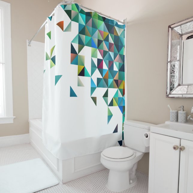 Modern Geometric Colourful Triangles On White Shower Curtain (In Situ)