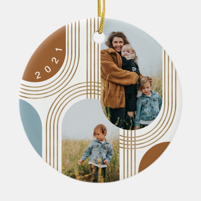 Modern Geometric Concentric Golden Arches 2 Photo Ceramic Ornament (Front)