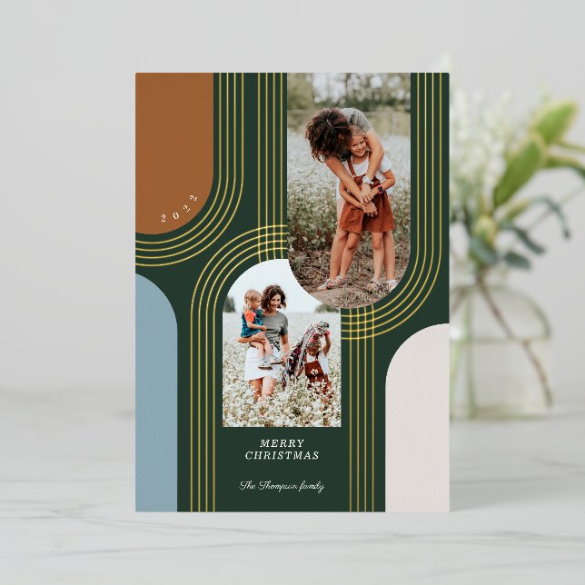 Modern Geometric Concentric Golden Arches 2 Photo Foil Holiday Card (Standing Front)
