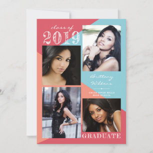 Modern Geometric Coral Peach 4 Photo Graduation Announcement