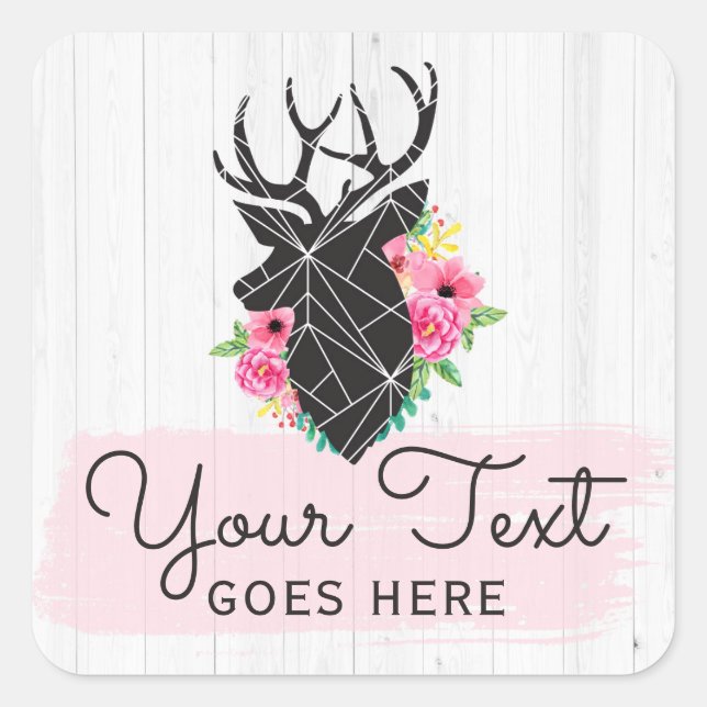 Modern Geometric Deer & Shabby Roses Rustic Wood Square Sticker (Front)