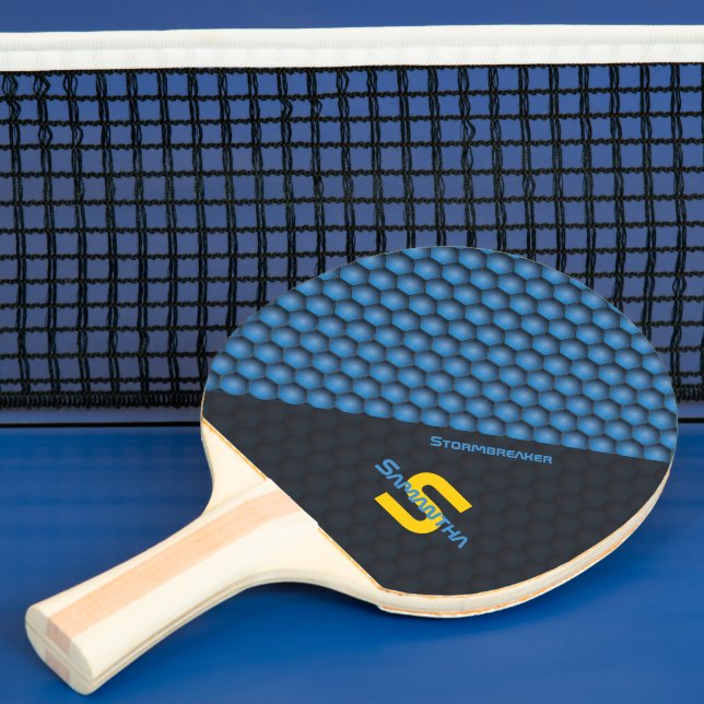 Modern Geometric Design Iron Blue Custom Name Ping Pong Paddle (Insitu)