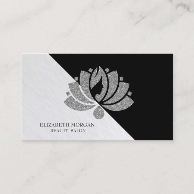 Modern Geometric, Elegant Silver Glitter Lotus Business Card (Front)